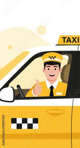 Friendly Taxi Driver Giving Thumbs Up From Inside Yellow Cab