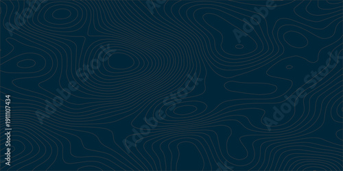 Abstract navy blue topographic map background with white and light gray vector contour lines representing terrain elevation, geographic relief and organic seamless terrain pattern design