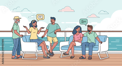 Friends Chatting and Relaxing on a Ship Deck Overlooking The Ocean
