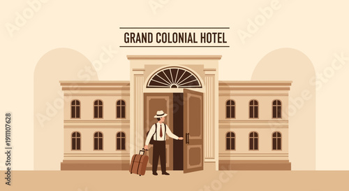 Grand Colonial Hotel Arrival Vintage Traveler With Suitcase Entering Building