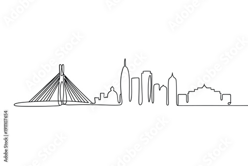 Simple line drawing depicting a city skyline with notable landmarks