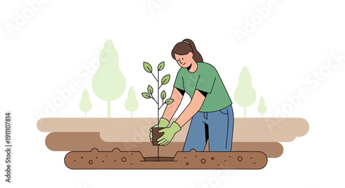 Gardener Planting Sapling In Soil Outdoors With Stylized Trees Background