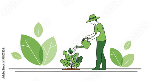 Gardener Tending To A Plant With A Watering Can In A Stylized Garden Setting