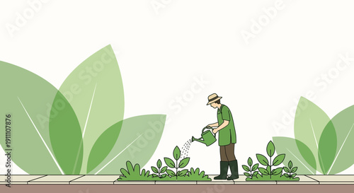 Gardener Watering Young Plants Beside Pathway With Lush Green Foliage
