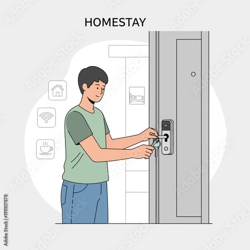 Guest Arriving At Homestay Unlocking Smart Door Lock With Keycard Access