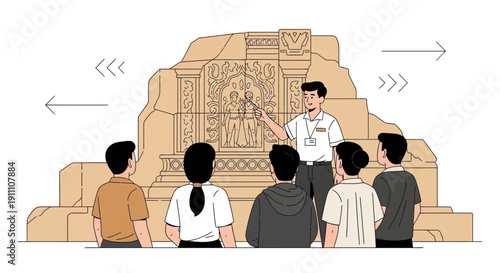 Guided Cultural Tour Group Observing Ancient Stone Carving