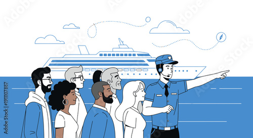 Group Of Tourists Embarking On A Luxury Cruise Ship Guided By An Officer