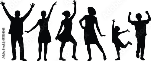 Celebration silhouette people, joyful family poses, expressive gestures, children and adults dancing, freedom happiness illustration, community diversity lifestyle inspiration showcase