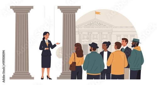 Guided Tour Group At Historic Building With Classical Columns