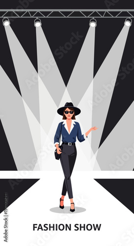 Glamorous Model Struts Down Illuminated Catwalk Fashion Show Presentation Elegance