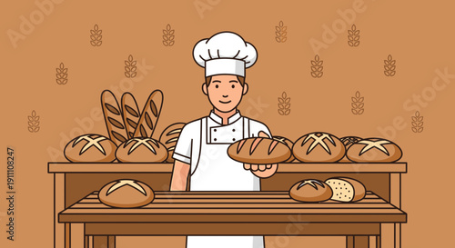 Happy Baker Presents Freshly Baked Artisan Breads On Wooden Counter