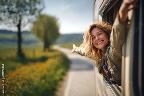 Wallpaper Mural Joyful traveler enjoying a sunny spring ride with wind in her hair outside an RV Torontodigital.ca