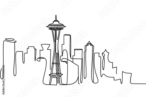 Seattle skyline depicted as a continuous line drawing in black and white