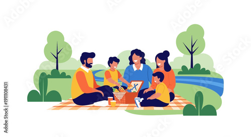 Happy Family Enjoying a Scenic Outdoor Picnic Adventure