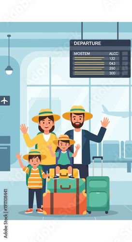Happy Family Excited For Summer Vacation Traveling At The Airport Terminal