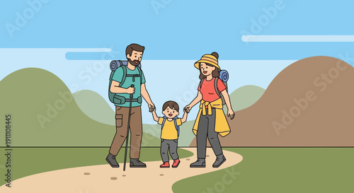 Happy Family Hiking Adventure In The Mountains Landscape