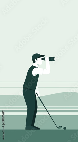 Golfer Carefully Scans The Course While Holding A Club With A Ball