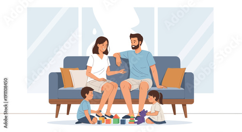 Happy Family Enjoying Time Together Indoors on a Sofa Playing with Toys