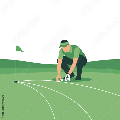 Golfer Carefully Placing Ball on the Green Preparing for a Crucial Putt