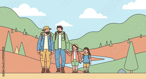Happy Family Hiking Together Through Scenic Mountain Landscape