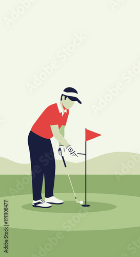 Golfer Concentrating On The Green Preparing For A Precise Putt On A Sunny Day