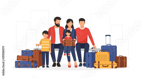 Happy Family Ready For Vacation With Suitcases