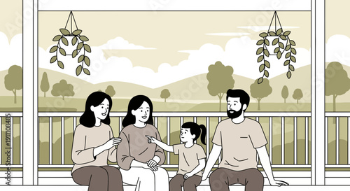 Happy Family Relaxing On A Porch Together Outdoors Scenic Background