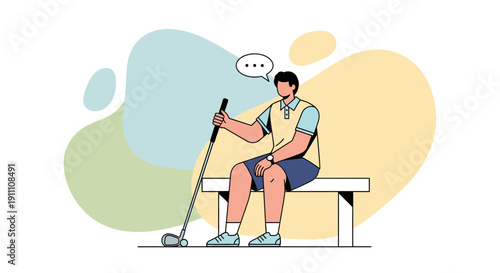 Golfer Contemplating Strategy On Bench With Golf Club