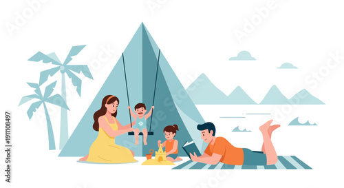 Happy Family Vacation Enjoying Outdoor Activities Together In A Scenic Landscape