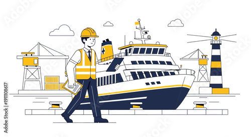 Harbor Scene With Cargo Ship And Engineer Monitoring Operations