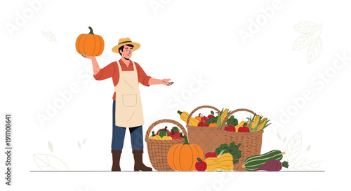 Harvest Bounty Farmer Showcasing Fresh Autumn Vegetables And Fruits