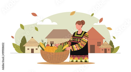 Harvest Bounty Woman Gathering Autumn Vegetables From Wicker Basket In Rustic Village Scene