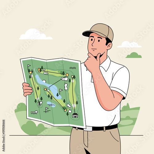 Golfer Strategizing Over Course Layout Detailed Map View