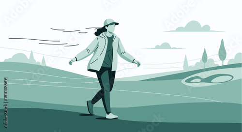 Golfer Strolling Across Scenic Fairway With Wind Blown Hair And Casual Attire