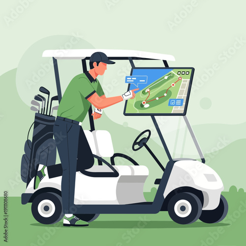 Golfer Using Advanced GPS Navigation System on Golf Cart Display Screen