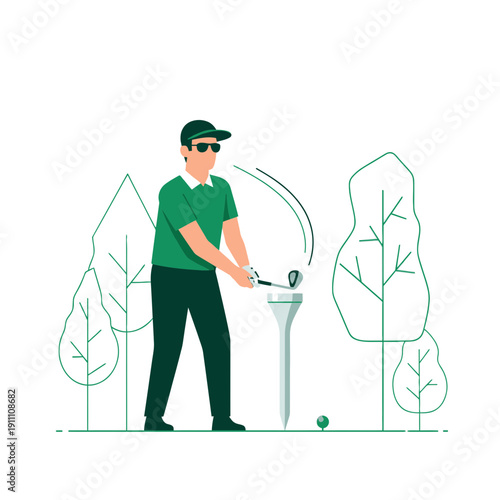 Golfer Swinging Club Ready To Drive Ball Teeing Off On Lush Green Course