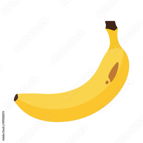 Bright yellow ripe banana illustration featuring small brown spots indicating sweetness and readiness for consumption on transparent background