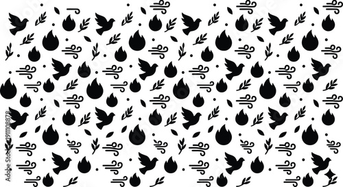 Seamless repeating pattern of black silhouette elements featuring flying doves sacred flames blowing wind gusts and olive branches for holy spirit concept designs.