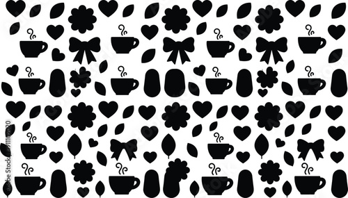 A beautiful seamless repeating pattern of black silhouette elements featuring hot steaming coffee cups romantic hearts elegant bows fresh leaves and cute flowers.