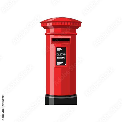 Classic british pillar box design featuring a vibrant red exterior and a clearly marked collection time slot on transparent background