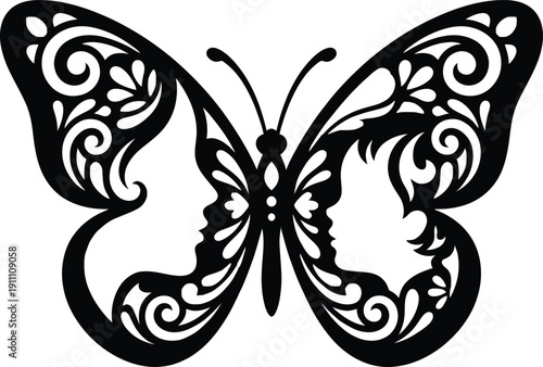 Elegant decorative butterfly silhouette featuring hidden negative space profiles of a loving mother and daughter representing a beautiful happy mothers day concept.