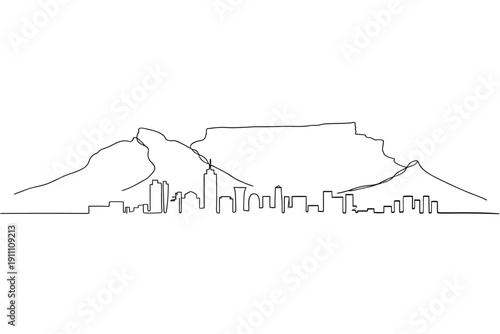 Minimalist one line drawing of a mountain range and city skyline