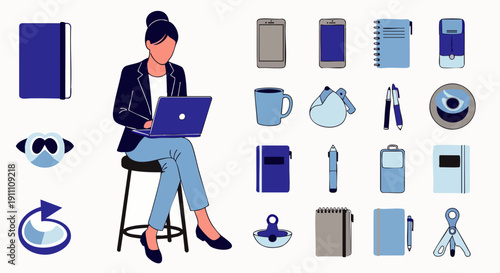 Businesswoman working remotely on laptop with various office supplies and tech gadgets, flat vector illustration for productivity and digital work.