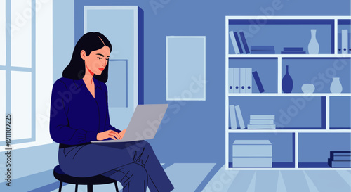 Professional woman focused on her laptop, working from home or studying online in a stylish blue monochromatic office environment. Digital illustration.