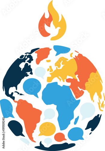 Colorful abstract earth globe made of communication speech bubbles with a bright burning fire flame and a white dove for christian holy spirit pentecost holiday.