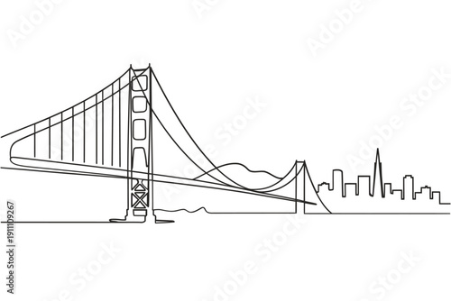 Minimalist line drawing of the golden gate bridge and city skyline