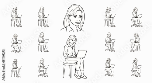 Black and white line art illustration of a focused young woman working on a laptop, representing remote work, online business, and digital technology.