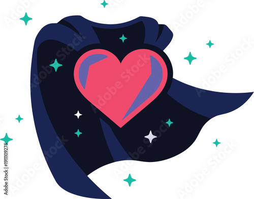 Abstract dark blue superhero cape flowing with a large bright pink heart emblem surrounded by magical sparkling stars for themes of love charity and health heroes.