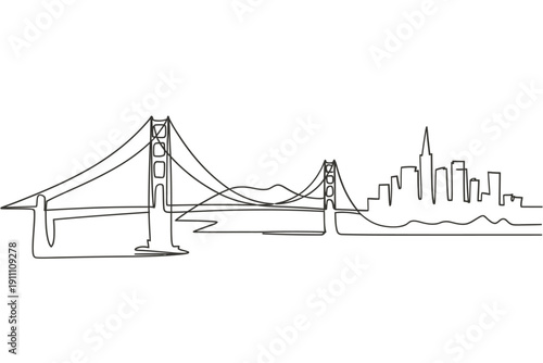 Minimalist line drawing of the golden gate bridge and san francisco skyline