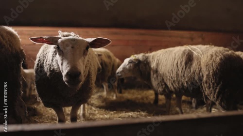 Standing sheep, Peaceful animals, Farm atmosphere. In warm barn made of wood, sheep stands while others linger in background, representing serene and simple existence farm animals in their shelter.